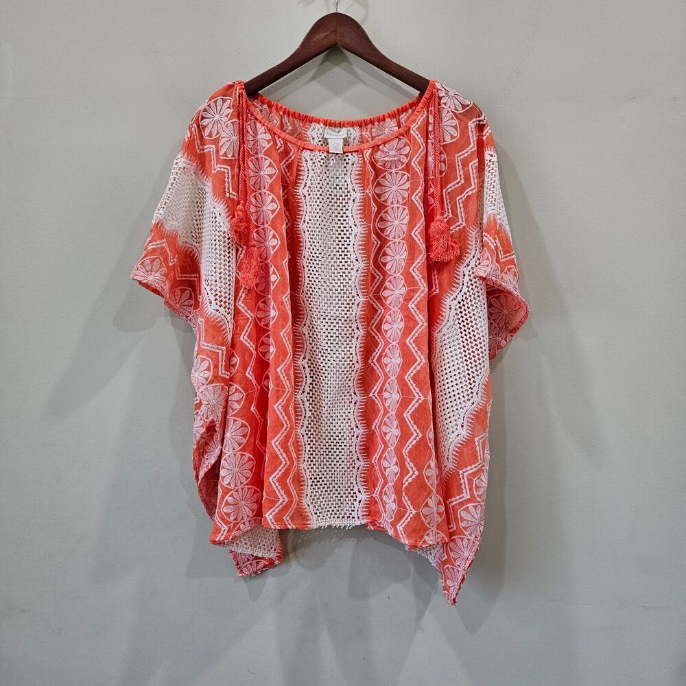 Chicos Womens Embroidered Mesh Popover Top Size L/XL Orange Semi Sheer Vacation